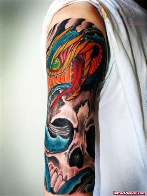 Dragon Skull Tattoo On Half Sleeve