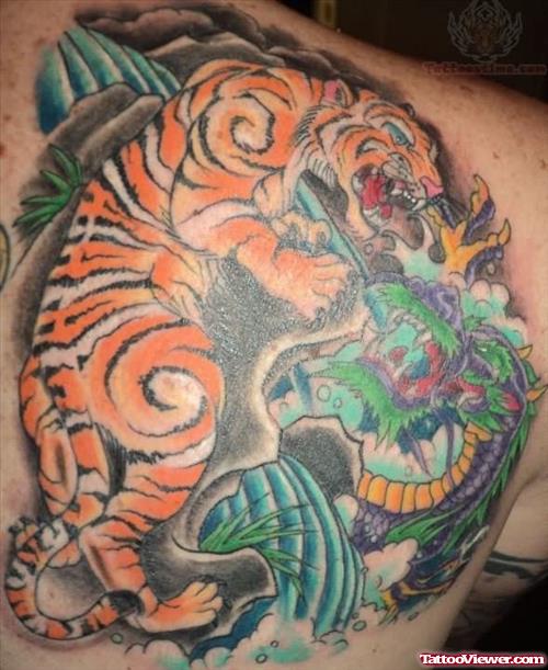 Dragon And Tiger Tattoo On Back Shoulder