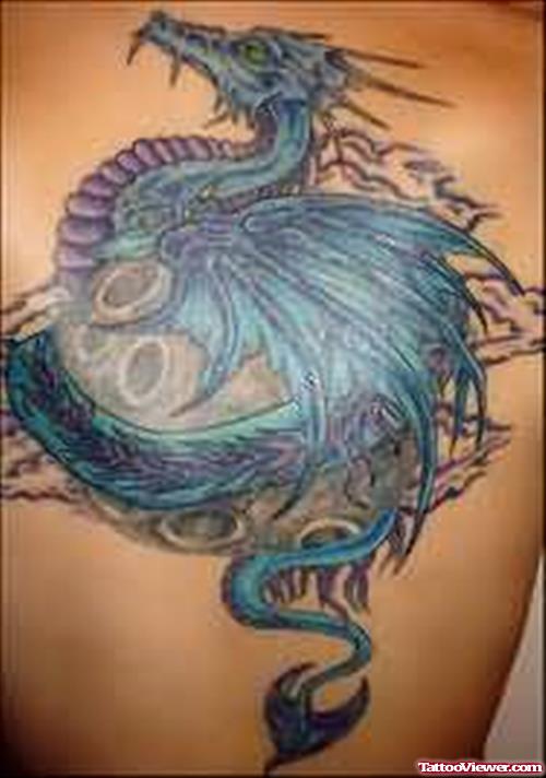 Big Blue Dragon Tattoo On Back
