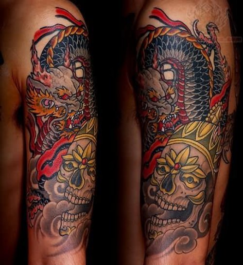 Dragon And Skull Tattoo On Half Sleeve