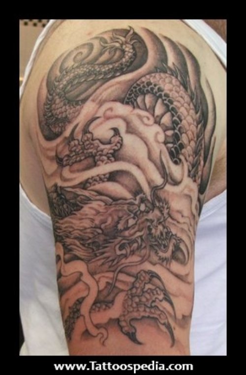Grey Ink Half Sleeve Dragon Tattoo
