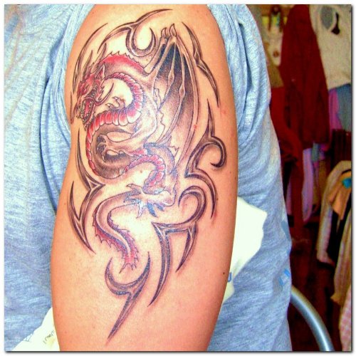 Red Dragon And Tribal Tattoo On Left Half Sleeve