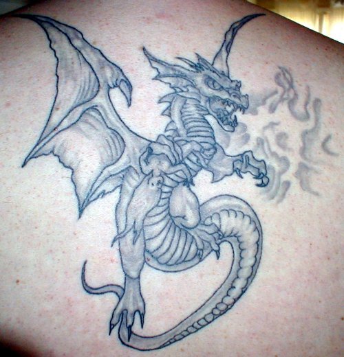 Fire Dragon Grey Ink Tattoo On Back