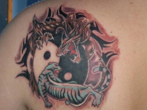 Yin Yang Tiger and Dragon Tattoo On Back Shoulder