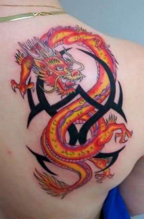 Fire Dragon and Tribal Tattoo On Back Shoulder