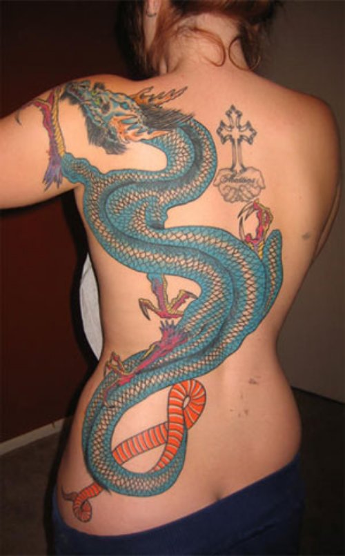 Small Cross And Blue Ink Dragon Tattoo On Girl Back