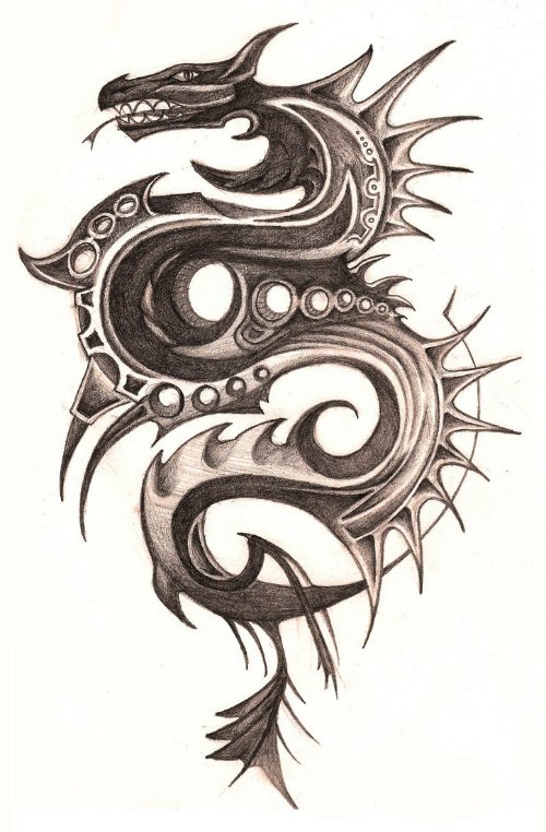 Biomechanical Grey Ink Dragon Tattoo Design