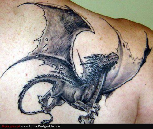 Grey Ink Flying Dragon Tattoo On Right Back Shoulder