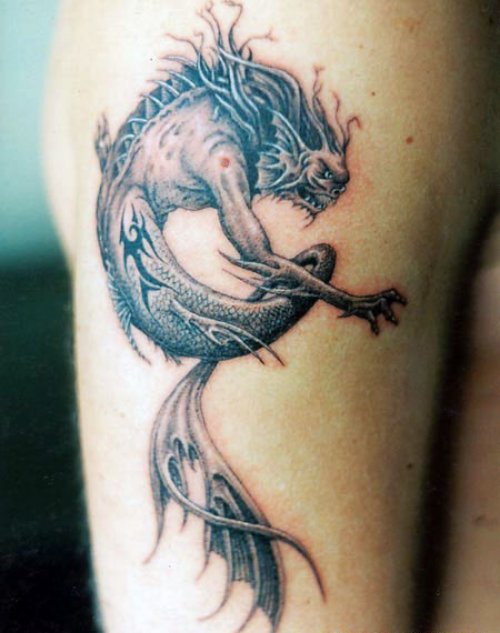 Fish Dragon Grey Ink Tattoo On Right Shoulder