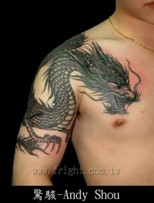 Grey Ink Chinese Dragon Tattoo On Right Shoulder