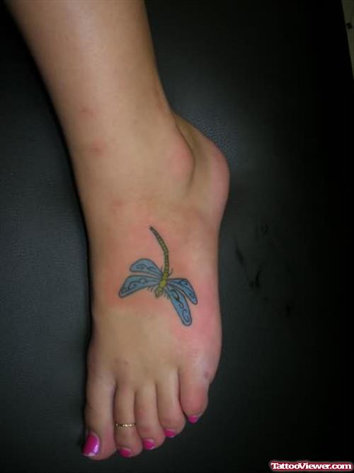 Blue Dragonfly Tattoo On Foot