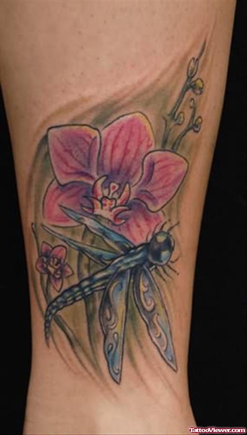 Dragonfly And Orchid Tattoo On Arm