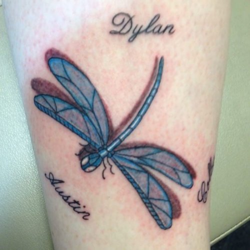 Blue Dragonfly With Names Tattoo