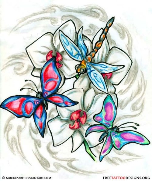 Color Butterflies And Dragonfly On Flowers Tattoo Design