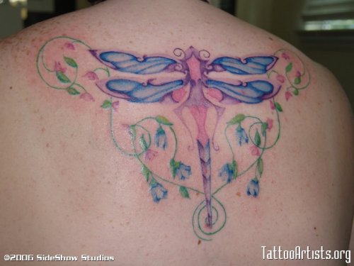 Colored Dragonfly Tattoo On Upper Back