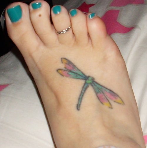 Colorful Dragonfly Tattoo On Girl Right Foot