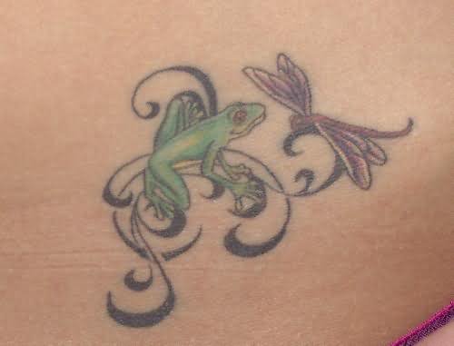 Tribal Frog And Dragonfly Tattoo