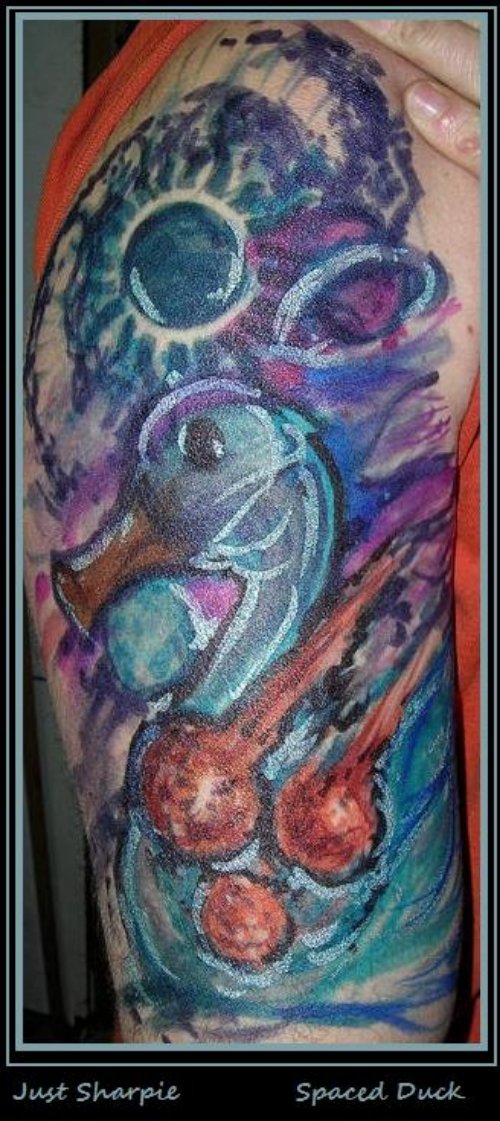 Abstarct Duck Colored Ink Tattoo On Half Sleeve
