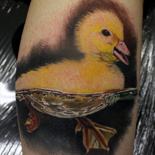 Unique Duck Swimng In Water Color Ink Tattoo
