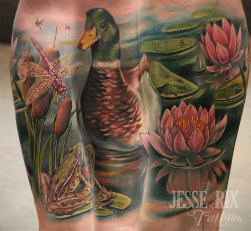 Lotus Flowers And Color Ink Duck Tattoo