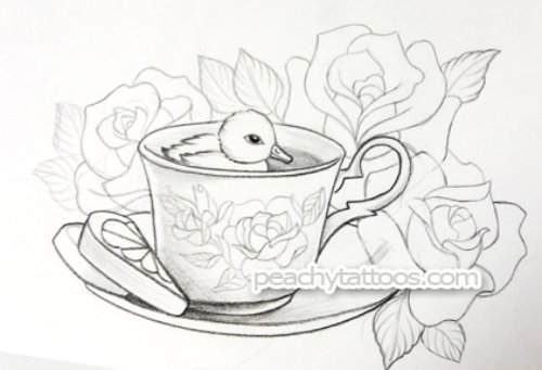 Outline Rose And Small Duck In Cup Tattoo Design