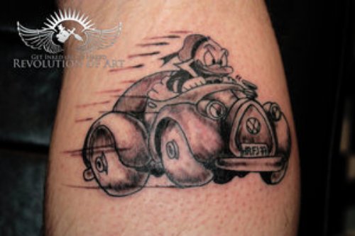 Grey Ink Donald Duck In Car Tattoo
