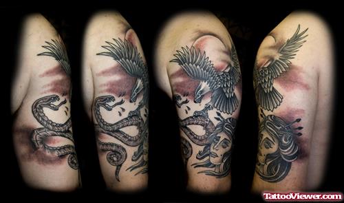 Traditional Snake And Eagle Tattoo On Half Sleeve