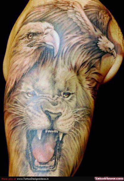 Roaring Lion Head And Eagle Tattoo