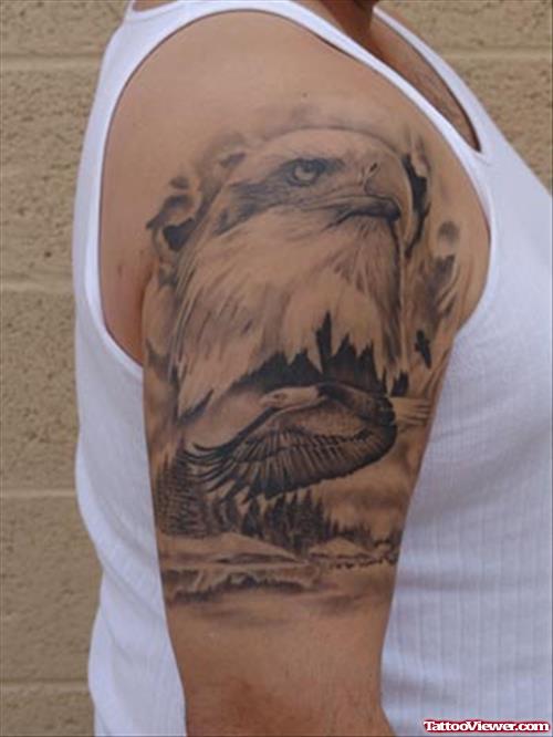 Grey Ink Eagle Head Tattoo on Right Half Sleeve