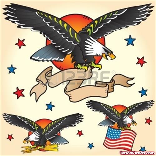 Flying Eagles And Us Flag Tattoo Design
