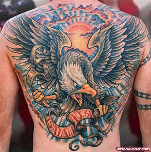 Flying Eagle With Banner Tattoo On Back