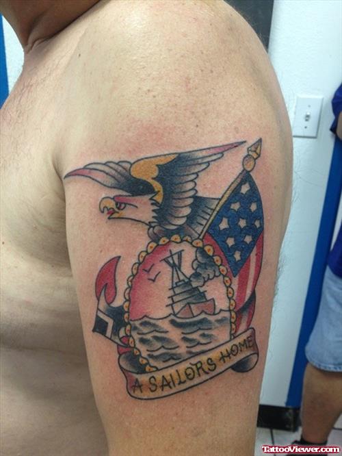 A Sailors Home Eagle Tattoo On Left Half Sleeve