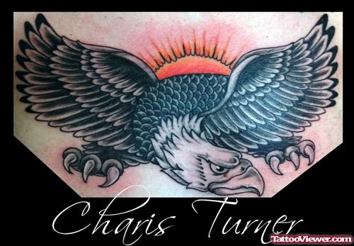 Traditional Sun And Eagle Tattoo On Chest
