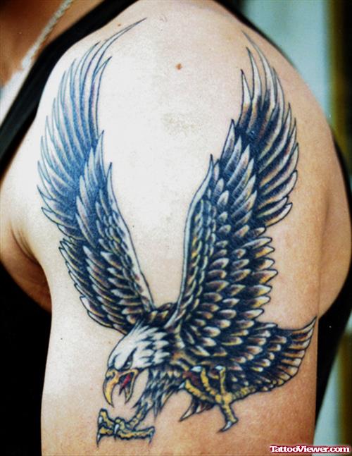 Man Left SHoulder Flying Eagle Tattoo