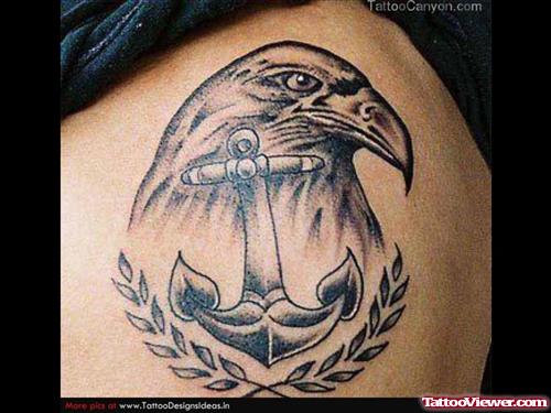 Grey Ink Anchor and Eagle Head Tattoo