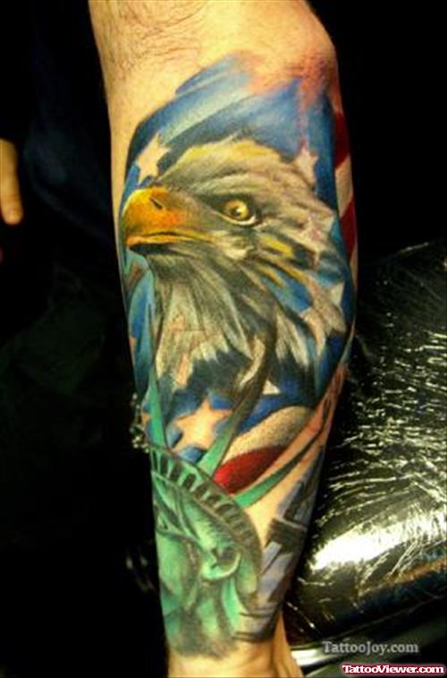 Colored Ink Eagle Tattoo On Left Arm