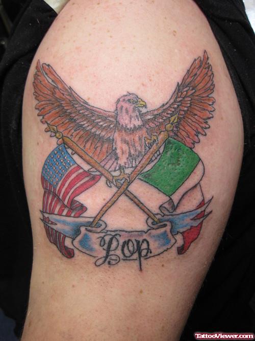 Pop Banner and Eagle Tattoo On Left Shoulder