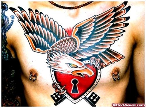 Lock Heart And Eagle Tattoo On Chest