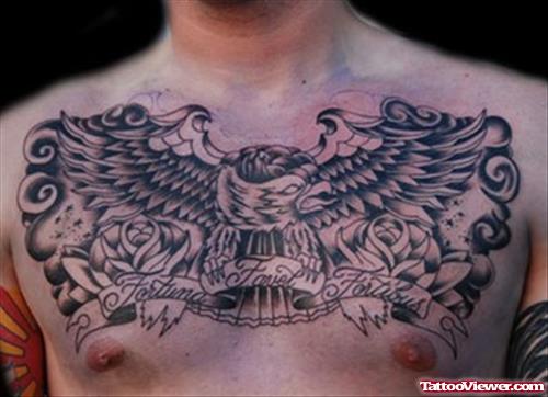 Latest Grey Ink Eagle Chest Tattoo