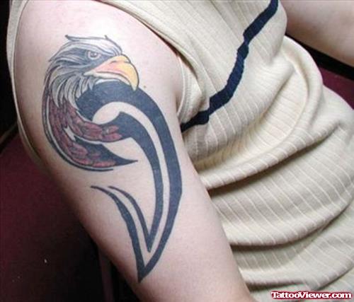 Black Tribal And Eagle Head Tattoo On Right Half Sleeve