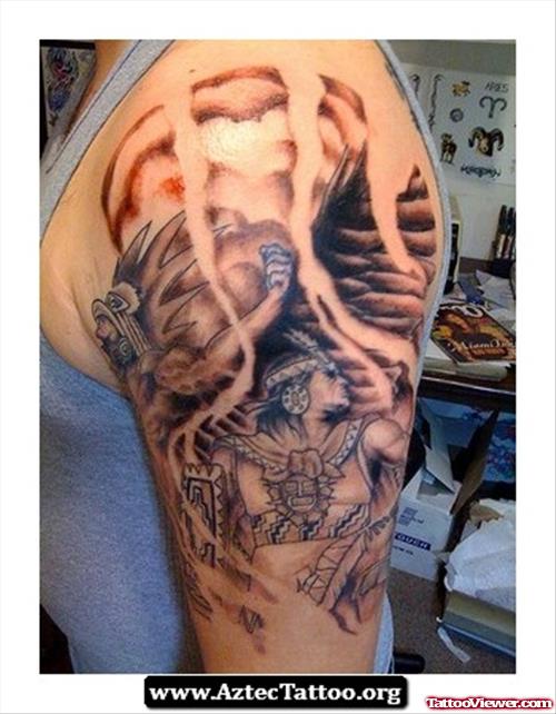 Aztec Eagle Tattoo On Left Half Sleeve