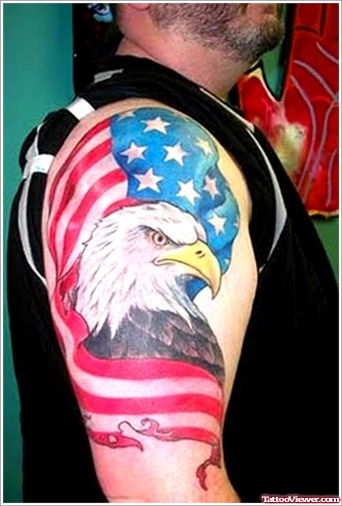 Us Flag And Mexican Eagle Tattoo On Right Half Sleeve