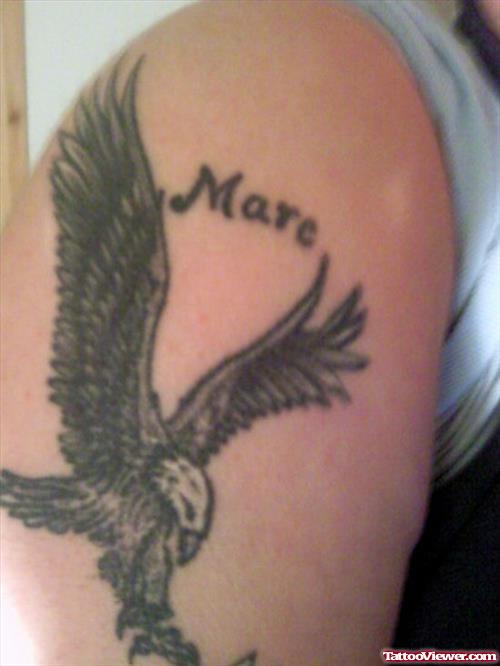 Inspiring Grey Ink Flying Eagle Tattoo