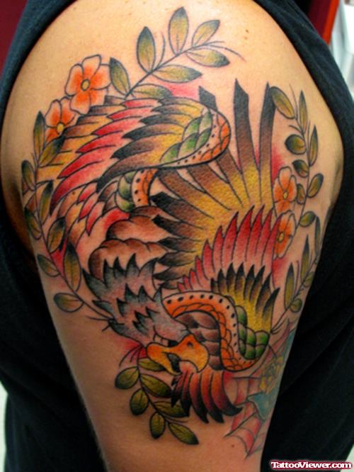 Flowers And Eagle Tattoo On Half Sleeve