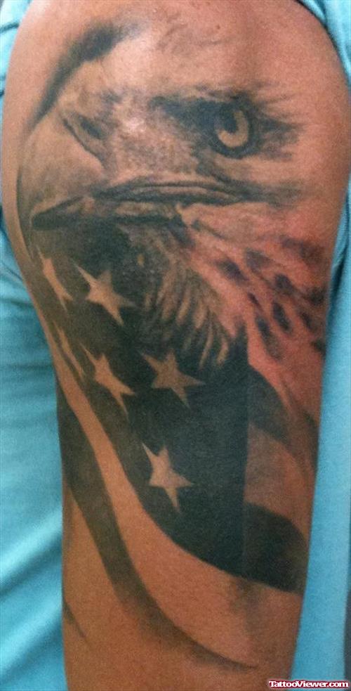 Us Flag And Eagle Head Tattoo On Half Sleeve