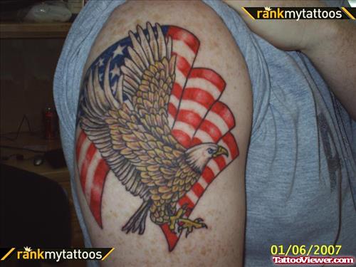 Colored Us Flag And Eagle Tattoo On Man Right Shoulder