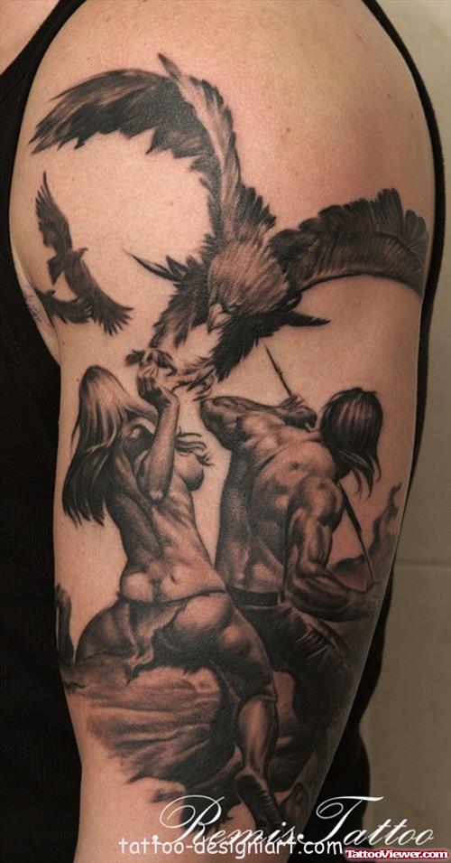 Warrior Girl And Eagle Tattoo On Half Sleeve