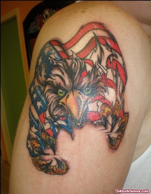 Us Flag And Eagle Tattoo On Shoulder