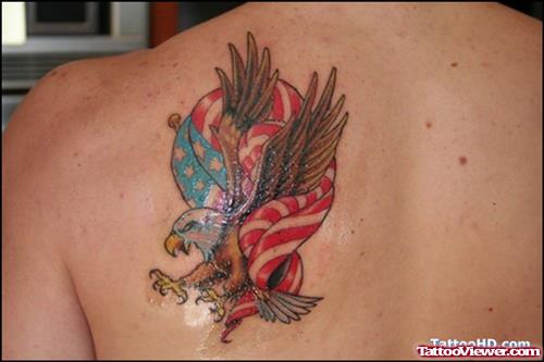 Us Flag And Eagle Tattoo On Left Back Shoulder