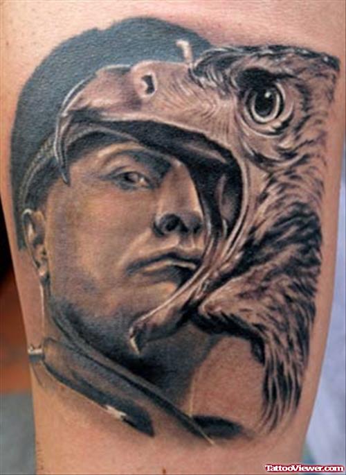 Soldier Portrait And Eagle Head Tattoo
